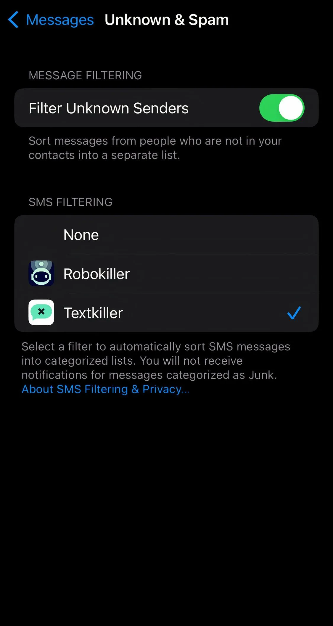 Giao diện ứng dụng TextKiller giúp chặn tin nhắn rác và lừa đảo Smishing hiệu quả