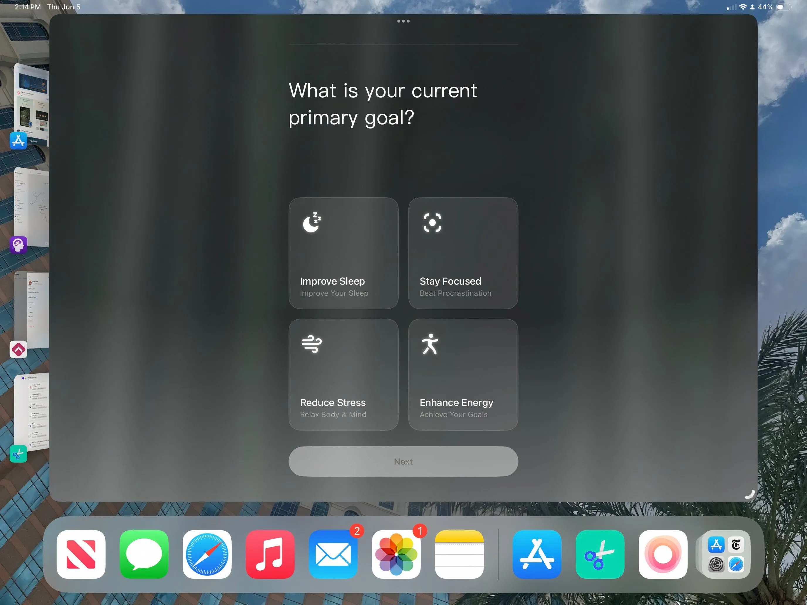Giao diện ứng dụng TIDE trên iPad với các tùy chọn thiền định và hỗ trợ tập trung