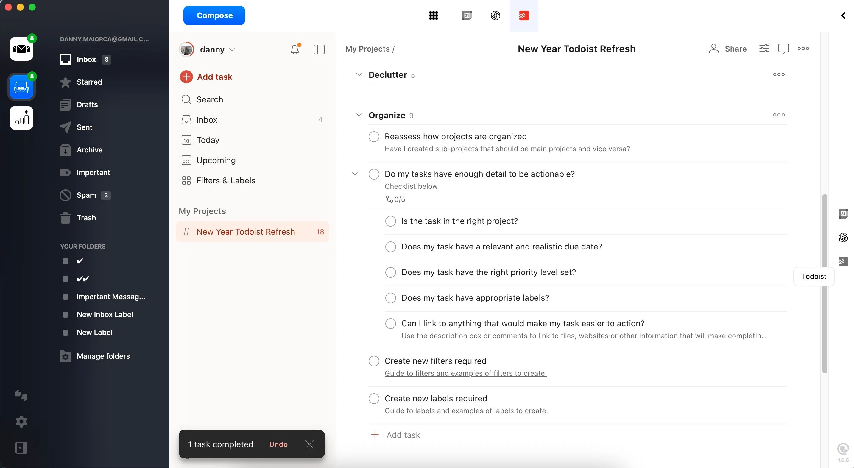 Giao diện ứng dụng Todoist hiển thị danh sách công việc được tổ chức khoa học với các tính năng như tìm kiếm, bộ lọc và dự án