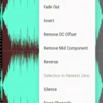 Giao diện ứng dụng WaveEditor trên điện thoại Android, minh họa cách điều chỉnh hiệu ứng fade âm thanh.