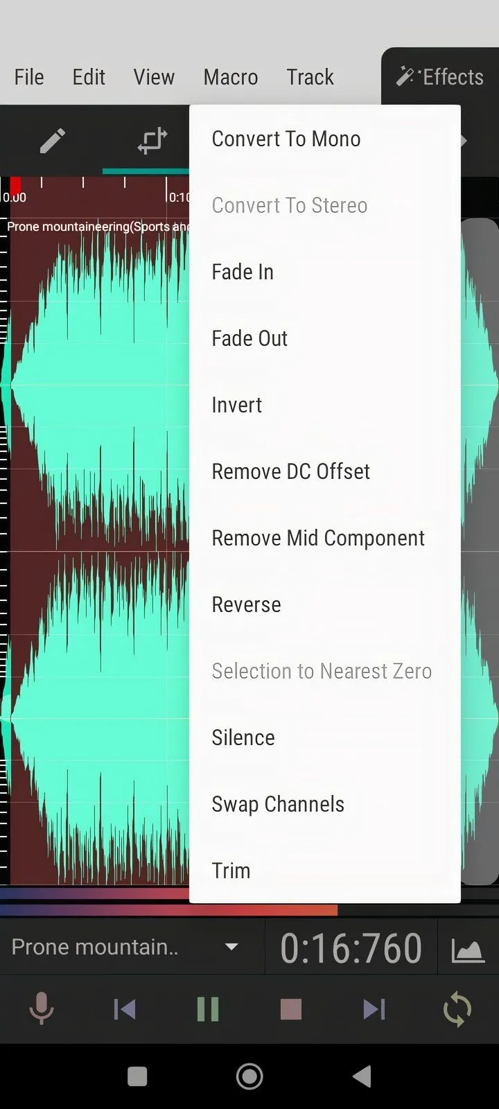 Giao diện ứng dụng WaveEditor trên điện thoại Android, minh họa cách điều chỉnh hiệu ứng fade âm thanh.