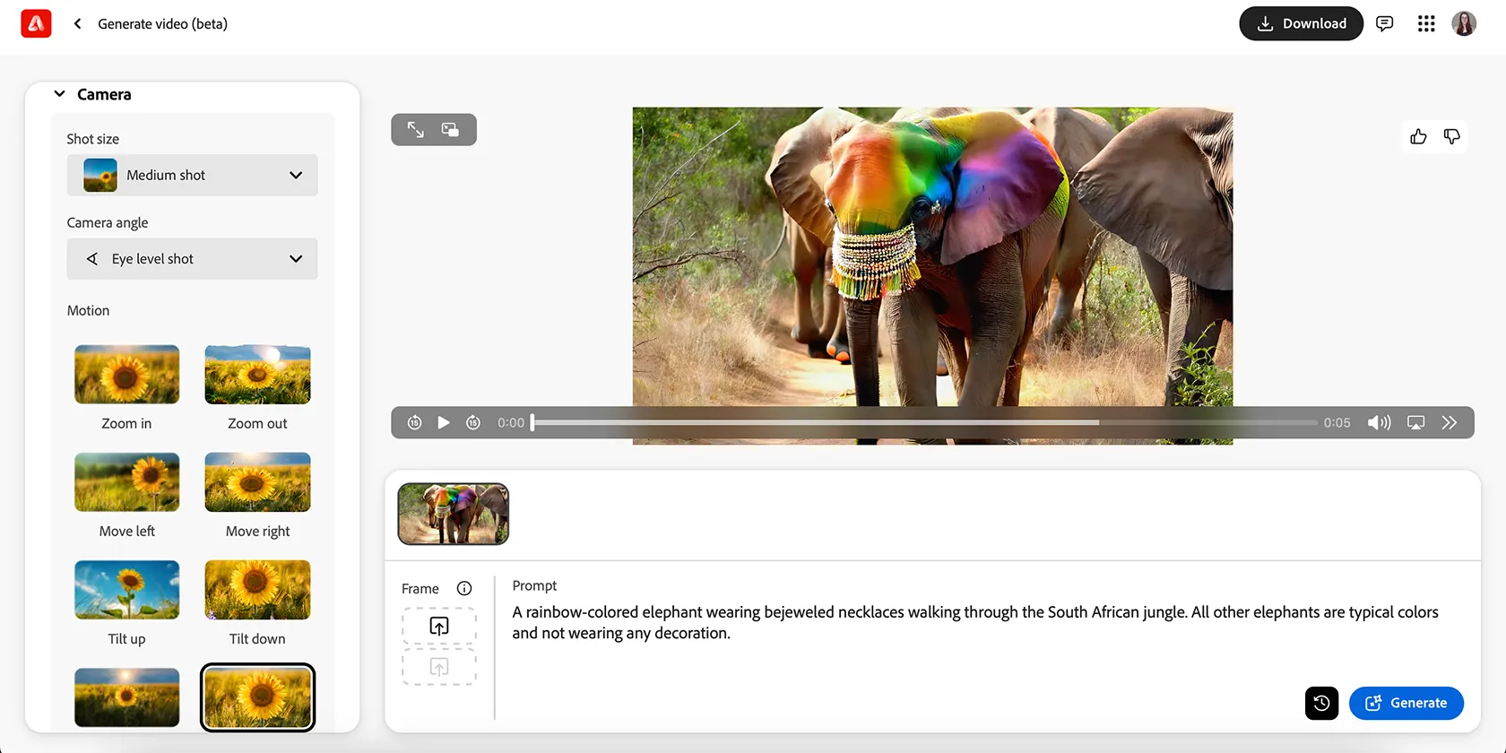 Giao diện ứng dụng web Adobe Firefly hiển thị tính năng tạo video AI từ văn bản với nhiều tùy chọn cài đặt