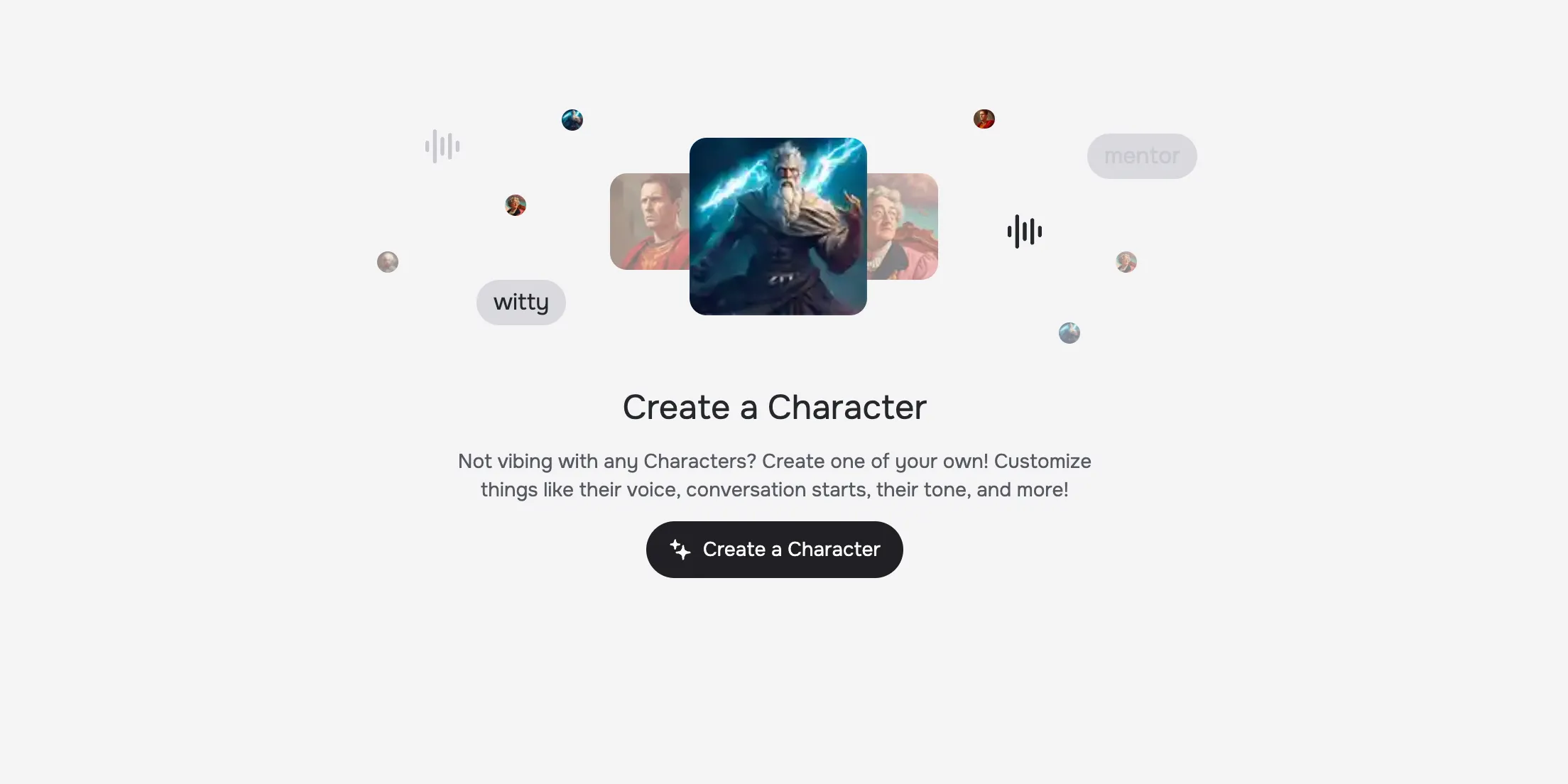 Giao diện ứng dụng web Character.AI hướng dẫn người dùng tạo nhân vật AI riêng