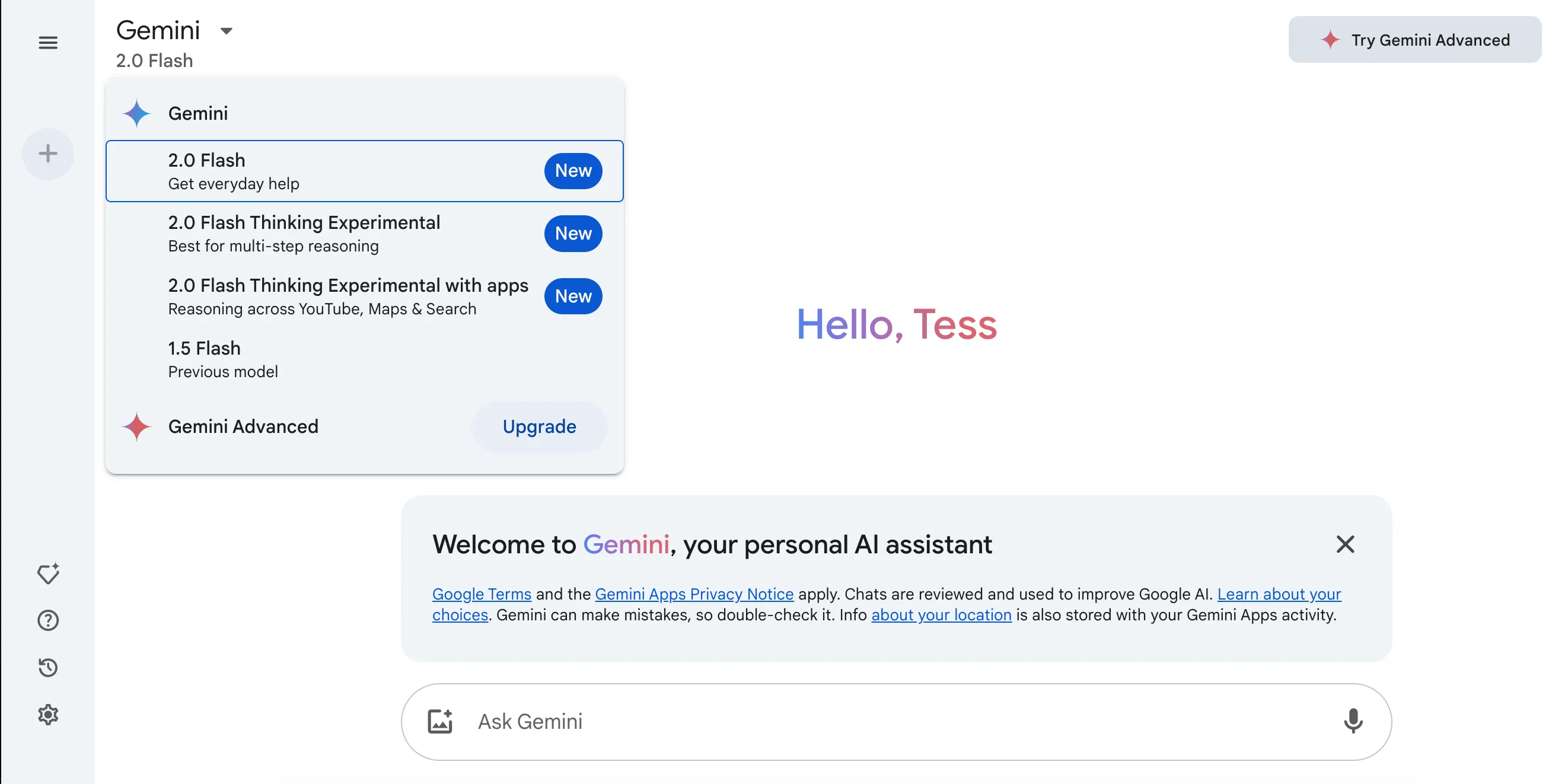 Giao diện ứng dụng web Gemini với menu thả xuống lựa chọn mô hình AI
