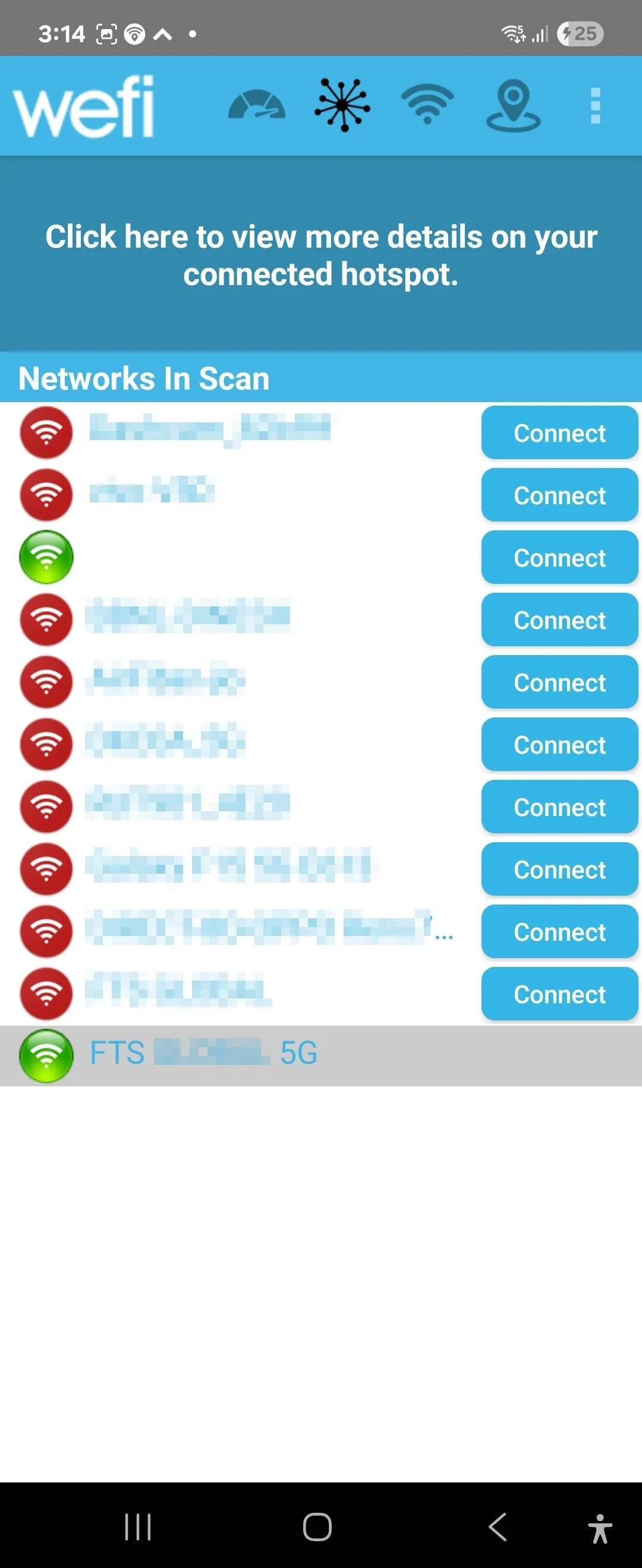 Giao diện ứng dụng WeFi hiển thị danh sách các điểm truy cập Wi-Fi công cộng gần đó trên thiết bị Android