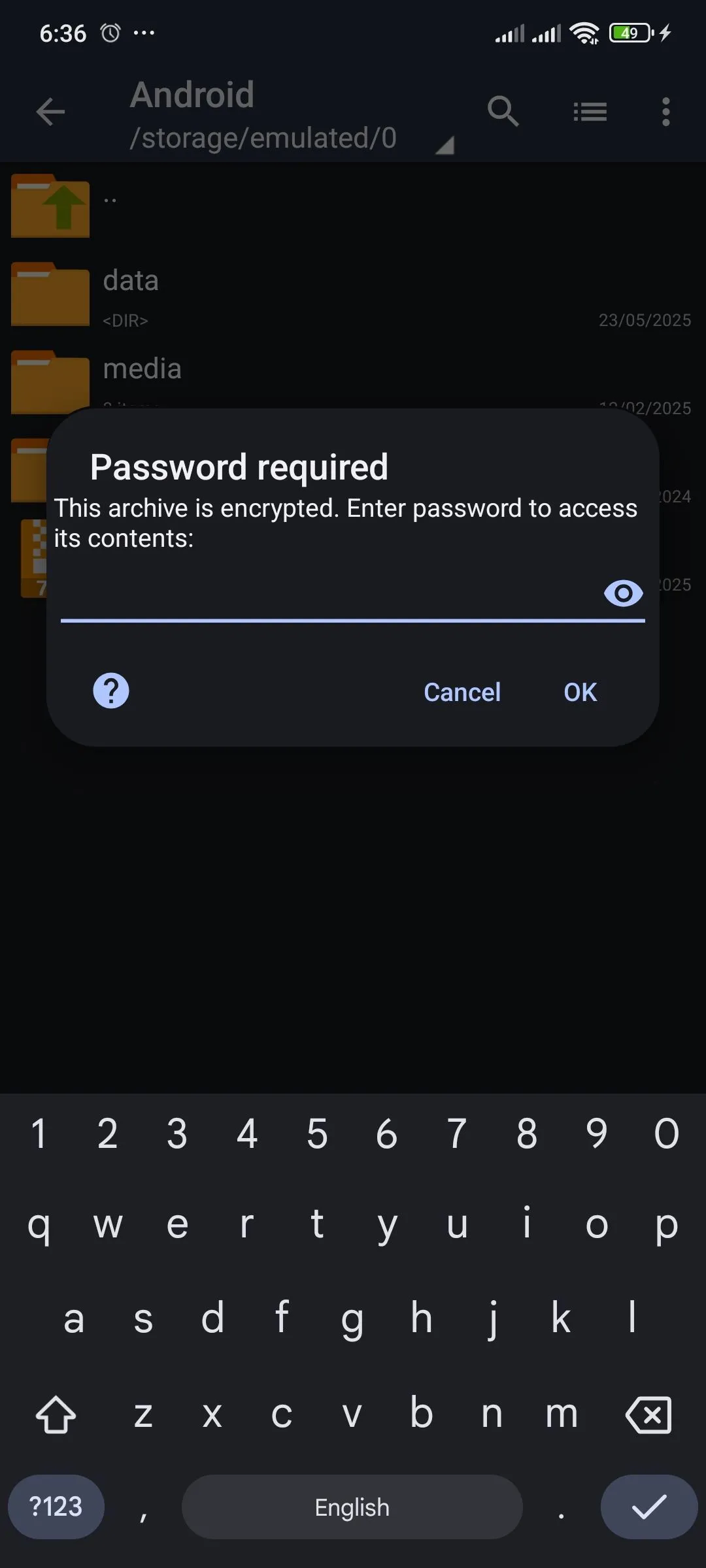 Giao diện ứng dụng ZArchiver yêu cầu nhập mật khẩu để giải nén file mã hóa trên Android