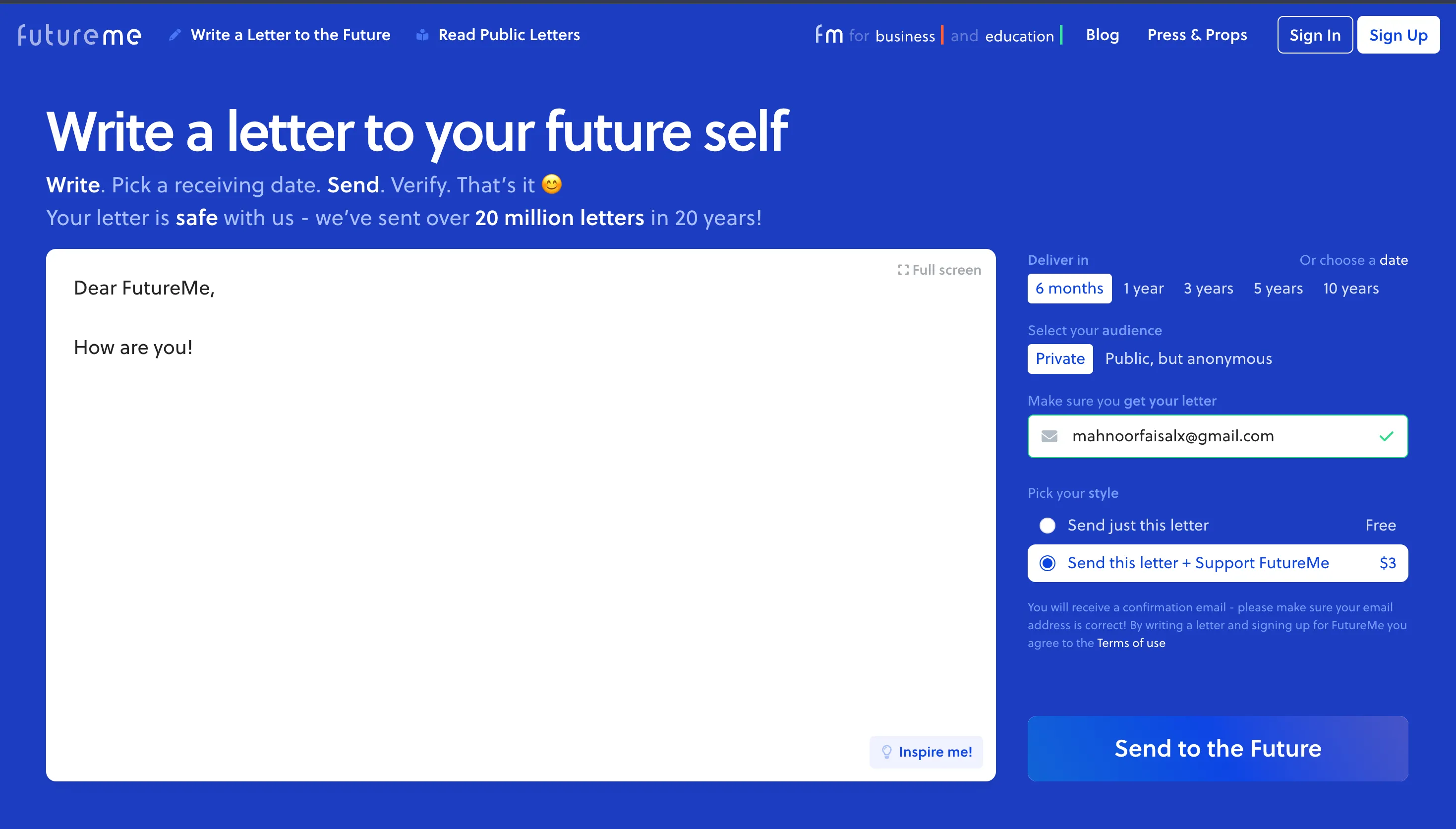 Giao diện viết thư cho bản thân trong tương lai trên FutureMe.org