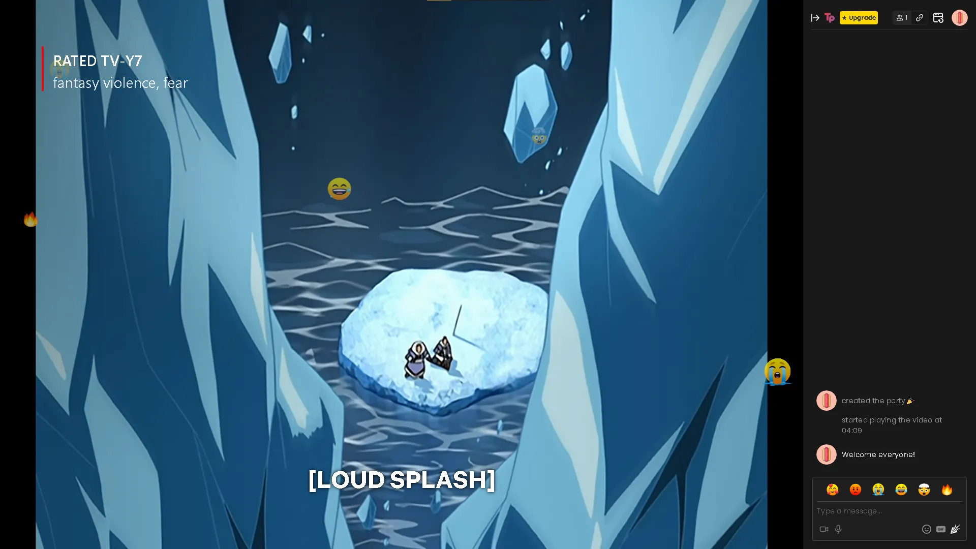 Giao diện Watch Party trên Teleparty với khung chat và biểu tượng cảm xúc, đang xem Avatar: The Last Airbender