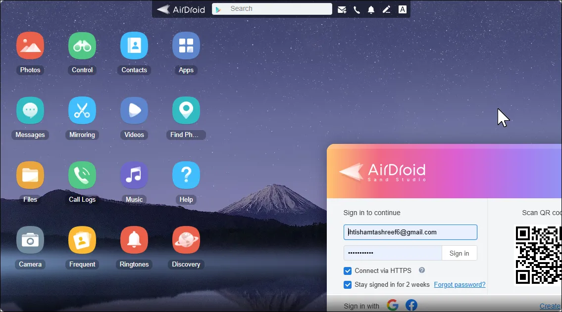 Giao diện web của AirDroid, hiển thị các tính năng quản lý và điều khiển điện thoại Android từ xa trên trình duyệt.