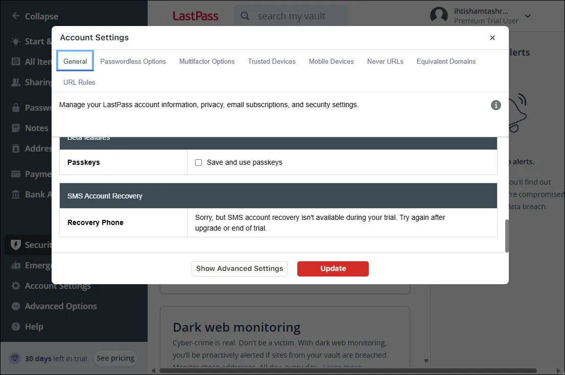 Giao diện web của LastPass hiển thị các tùy chọn phục hồi tài khoản, minh họa khả năng khôi phục mật khẩu và quyền truy cập linh hoạt của các ứng dụng quản lý mật khẩu chuyên nghiệp.