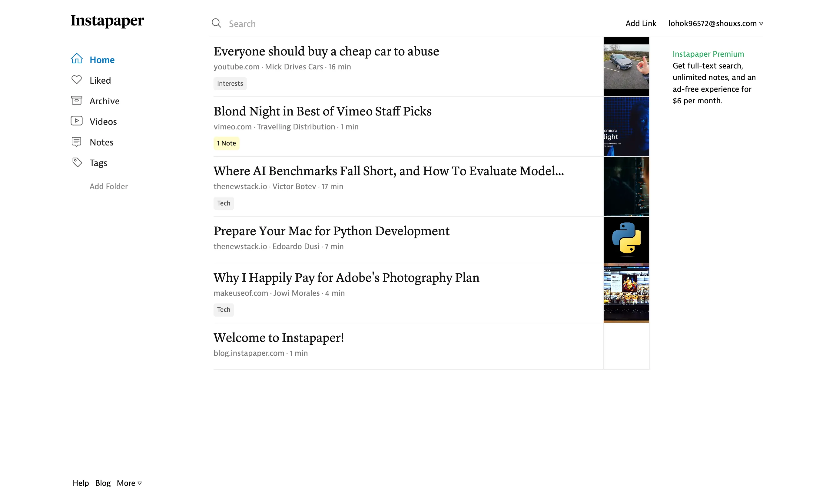 Giao diện web của ứng dụng Instapaper để đọc và lưu trữ bookmark