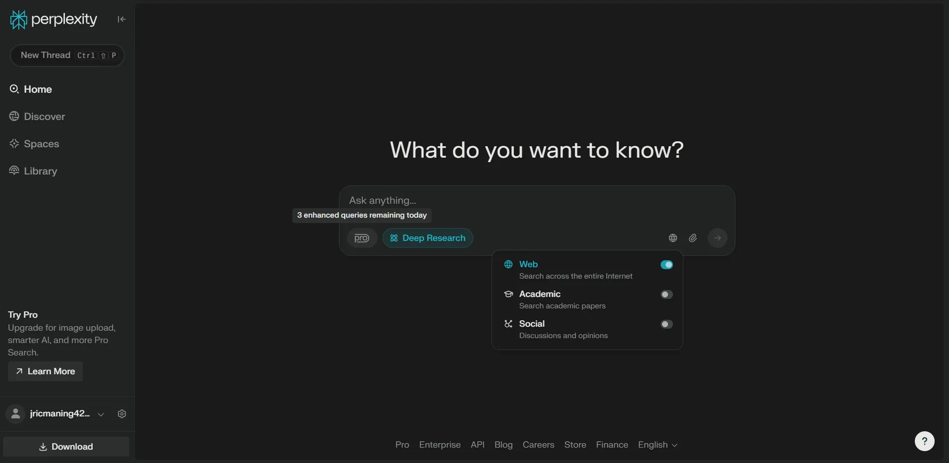 Giao diện web Perplexity AI, công cụ tìm kiếm và chatbot AI với giao diện tối giản
