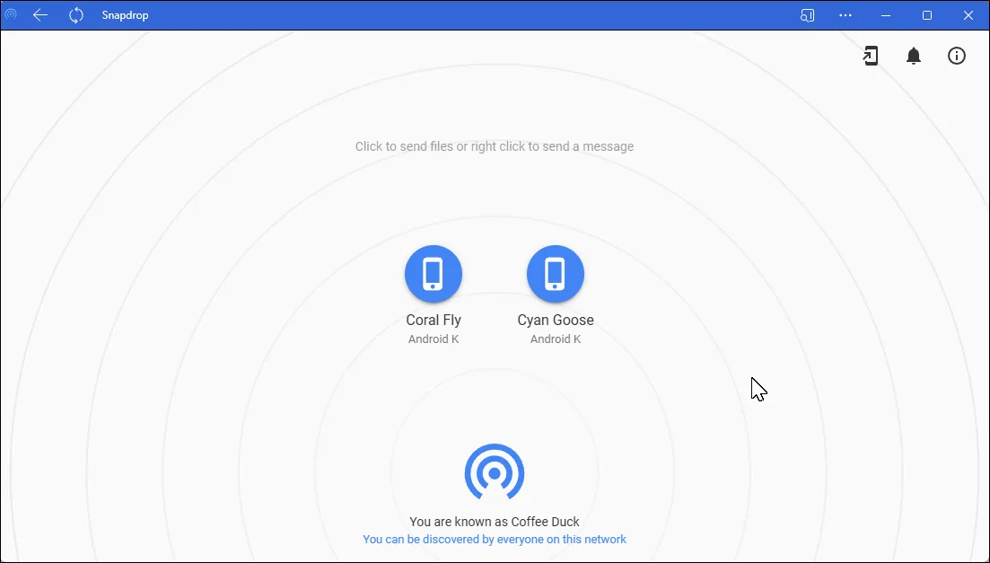 Giao diện web Snapdrop trên Microsoft Edge trong Windows 11 hiển thị các thiết bị đã kết nối
