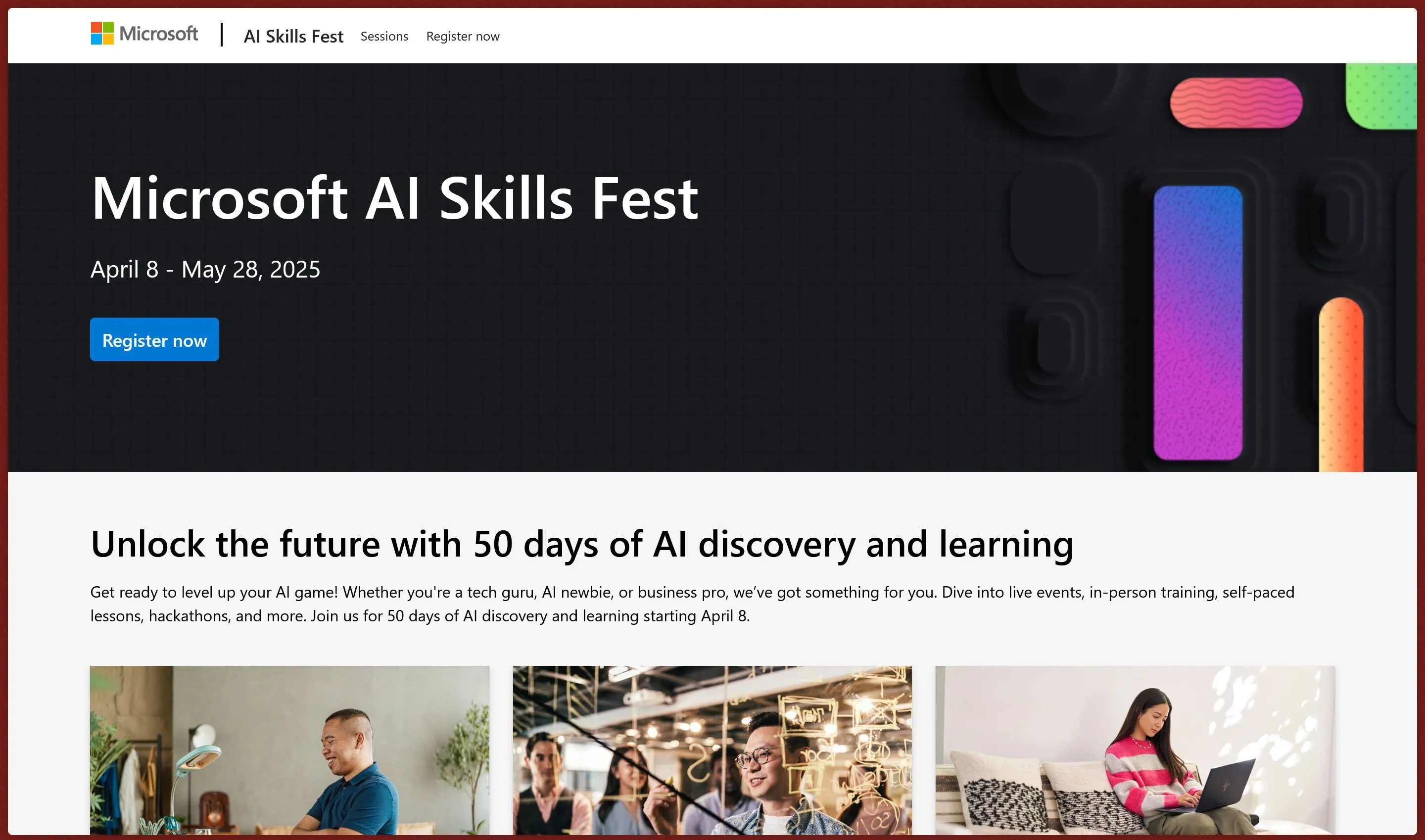 Giao diện website chính thức của Microsoft AI Skills Fest với thông tin về các khóa học AI và sự kiện