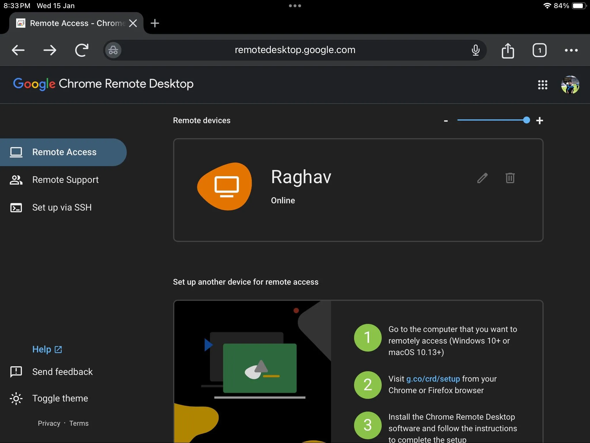 Giao diện website Chrome Remote Desktop trên iPad hiển thị danh sách các máy tính PC đã thiết lập sẵn sàng để truy cập từ xa.