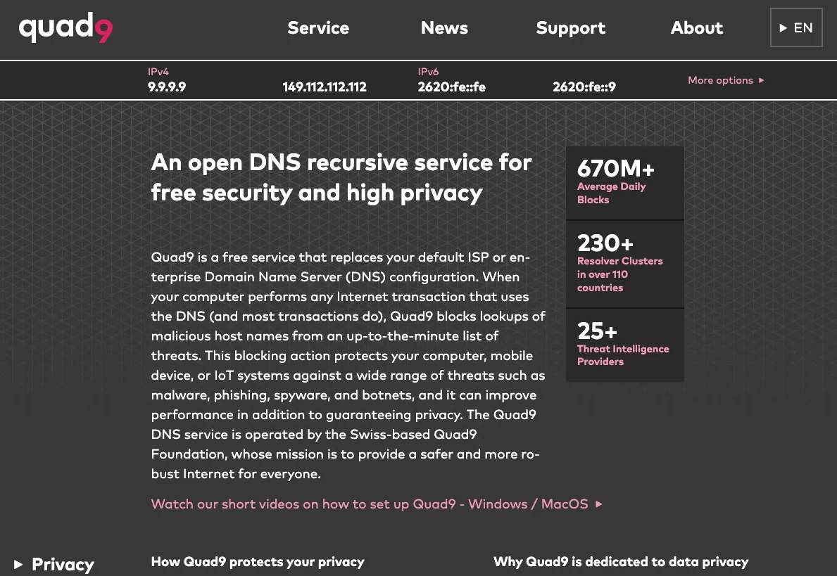 Giao diện website của Quad9, một dịch vụ phân giải DNS bảo mật và không ghi log