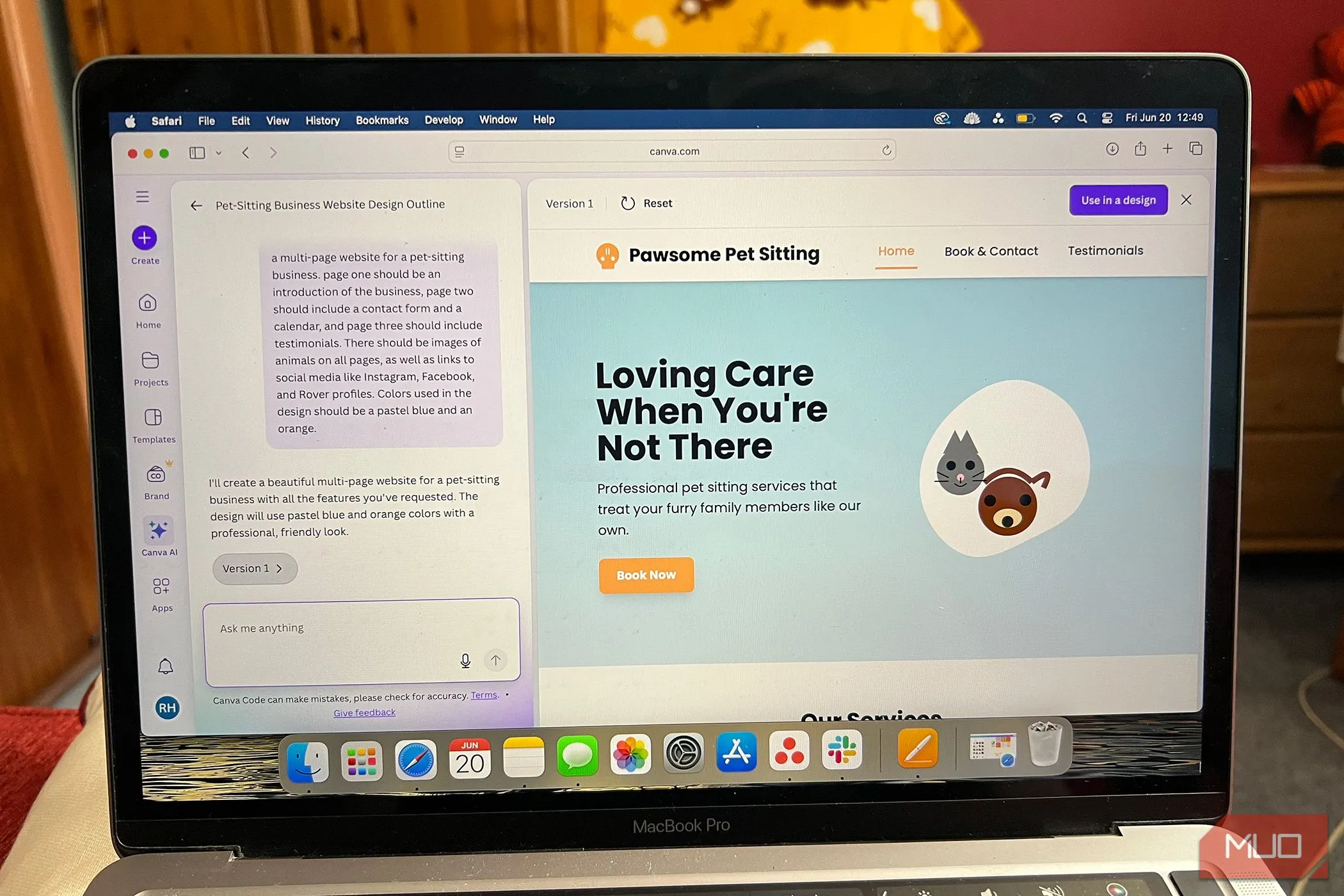 Giao diện website được tạo tự động bởi Canva Codes, phản ánh thiết kế dựa trên AI và giới hạn chỉnh sửa trực tiếp mã nguồn.