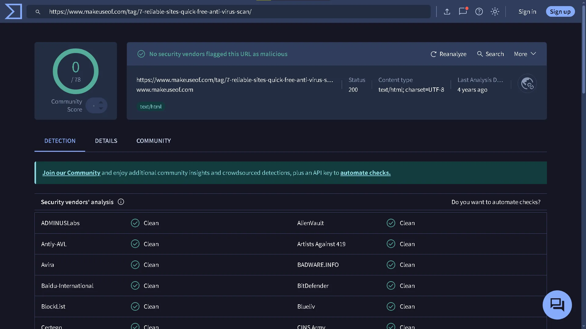 Giao diện website VirusTotal đang quét một đường dẫn URL để kiểm tra phần mềm độc hại và virus
