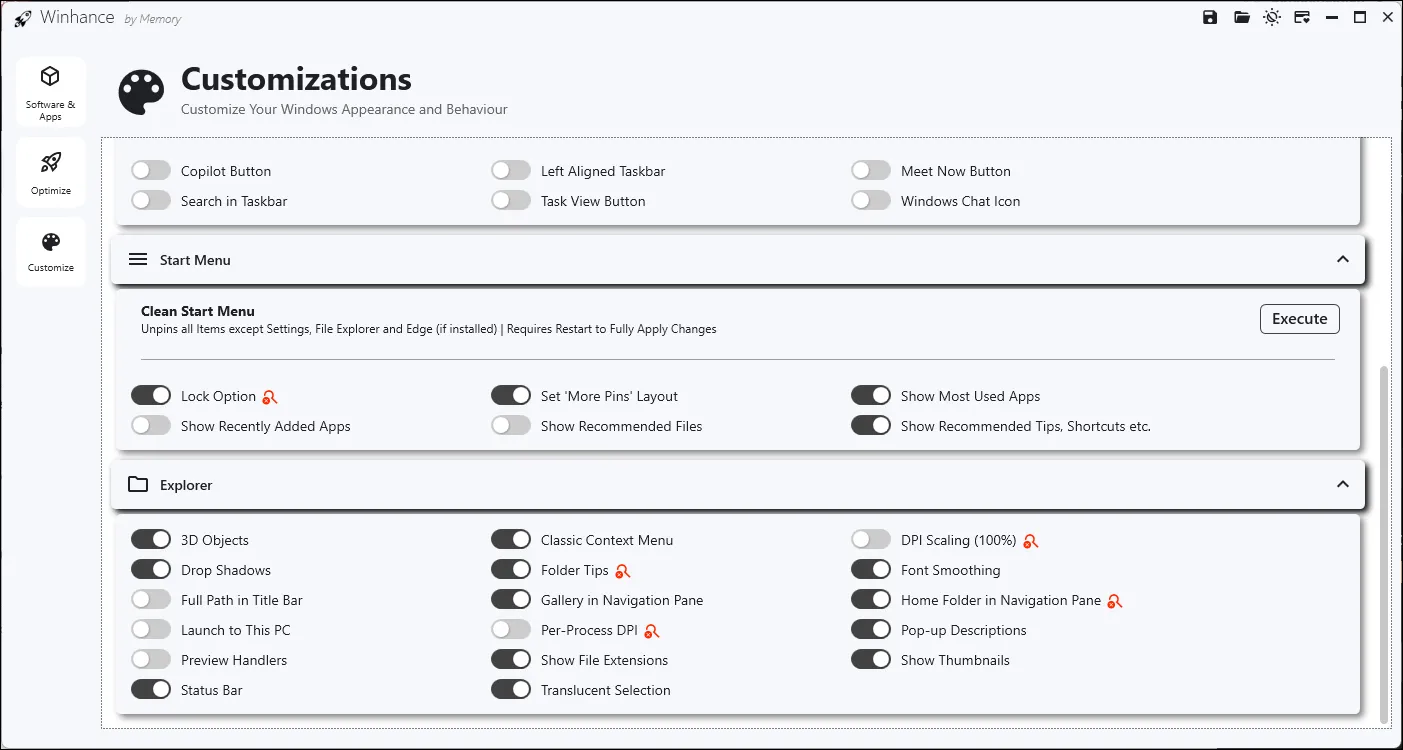 Giao diện Winhance với các tùy chỉnh cho menu Start và File Explorer trên Windows 11