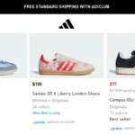 Giày thể thao Adidas với logo Buy with Prime, minh họa tính năng mua sắm trực tiếp từ thương hiệu.