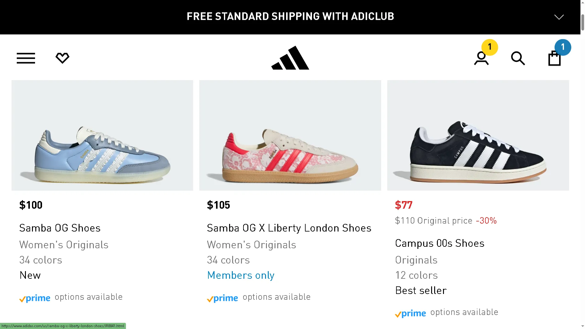 Giày thể thao Adidas với logo Buy with Prime, minh họa tính năng mua sắm trực tiếp từ thương hiệu.
