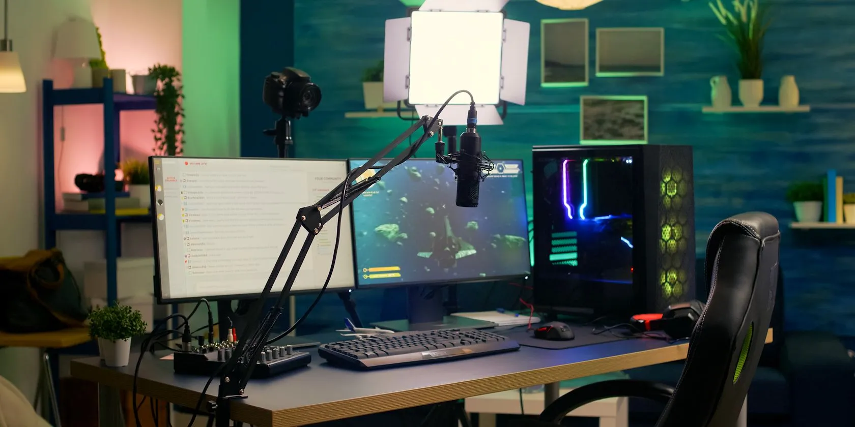 Góc làm việc hoặc chơi game với dàn máy tính PC để bàn cố định và nhiều màn hình, nhấn mạnh sự ổn định và ít di chuyển