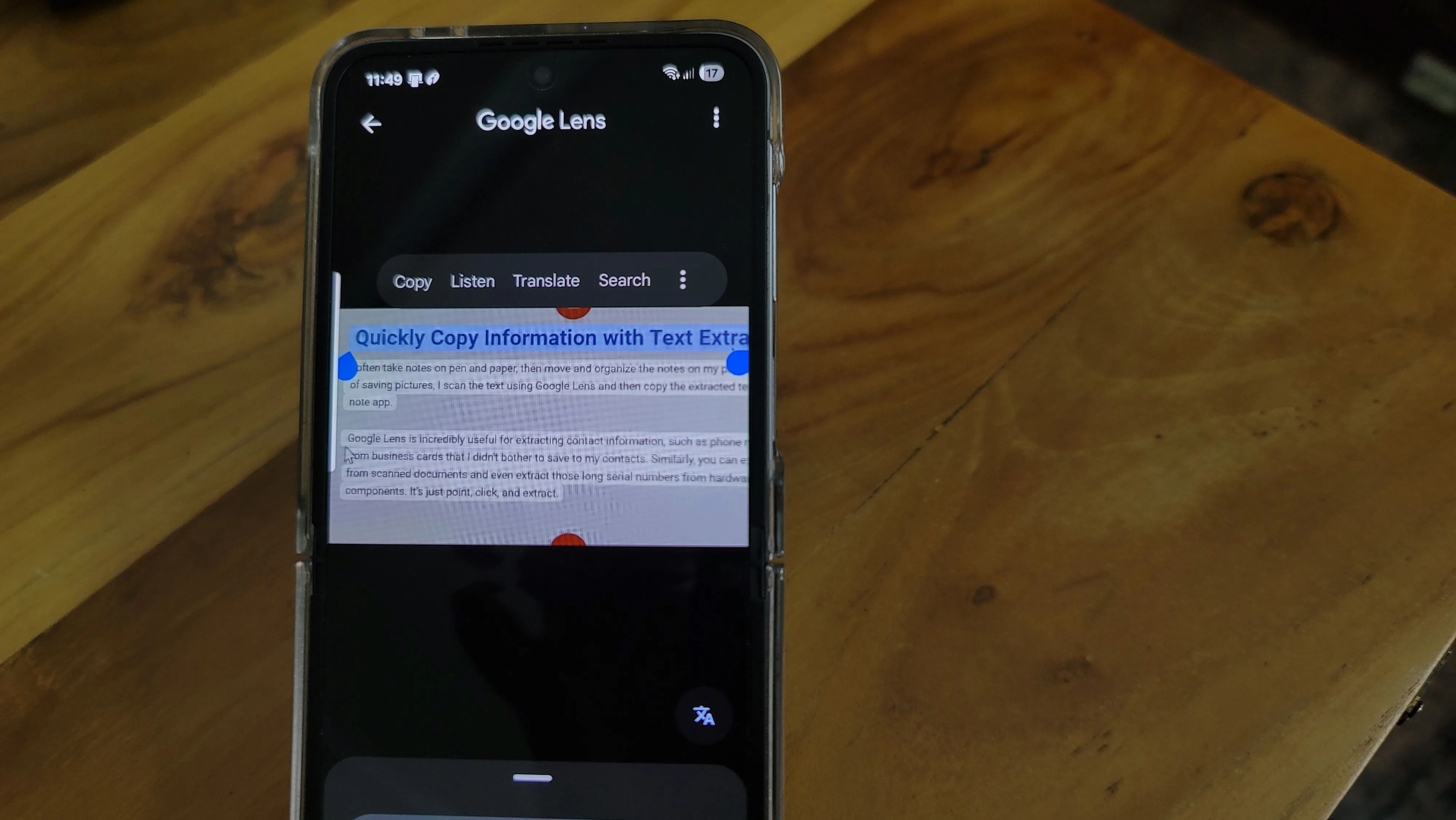 Google Lens trích xuất văn bản từ hình ảnh danh thiếp để sao chép thông tin