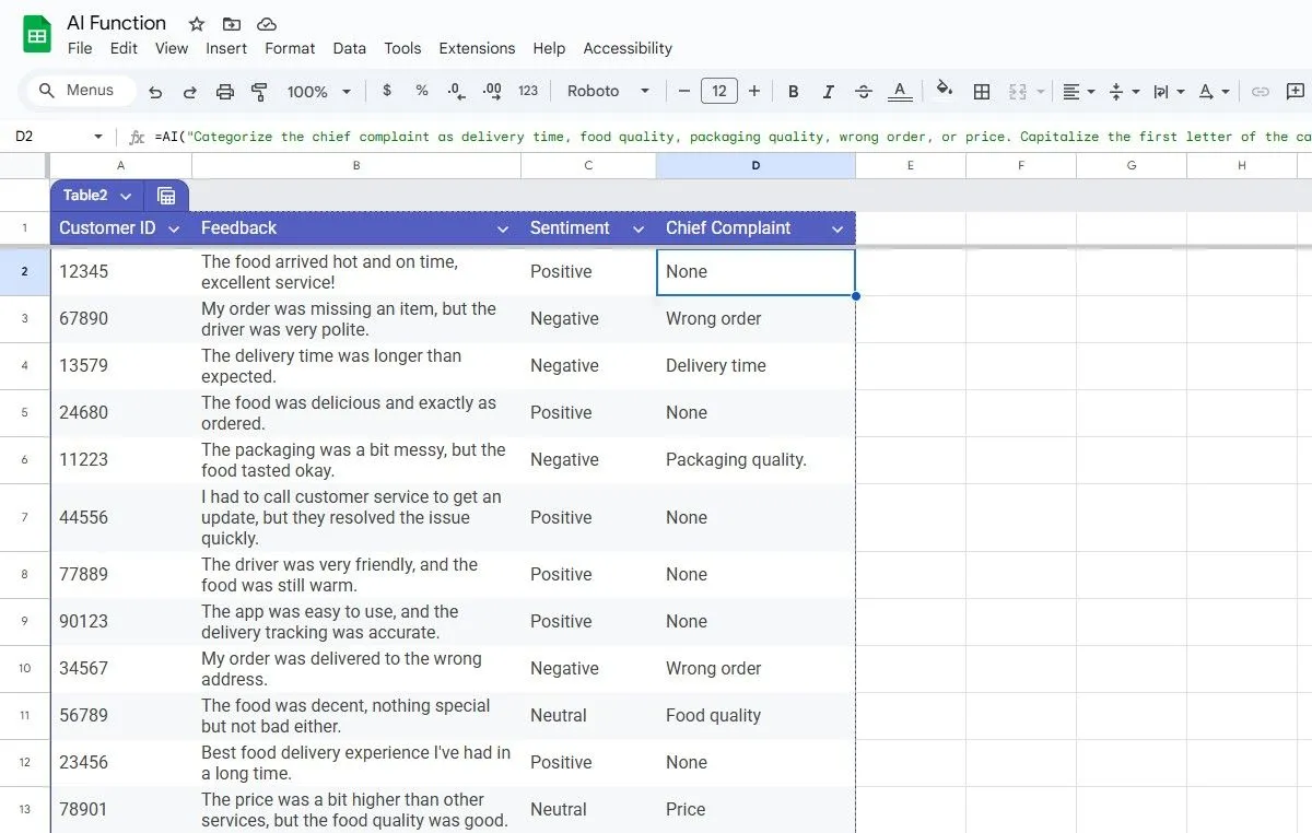 Google Sheets sử dụng hàm AI() để phân loại chi tiết các khiếu nại của khách hàng, minh họa khả năng kết hợp nhiều hàm AI để xử lý dữ liệu.