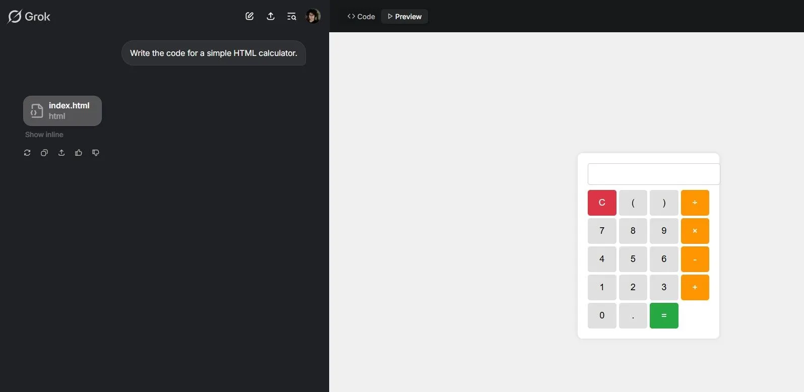 Grok Studio tạo mã lập trình và hiển thị bản xem trước ứng dụng web