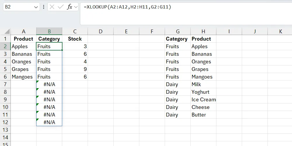 Hàm XLOOKUP với các lỗi #N/A chưa được xử lý.