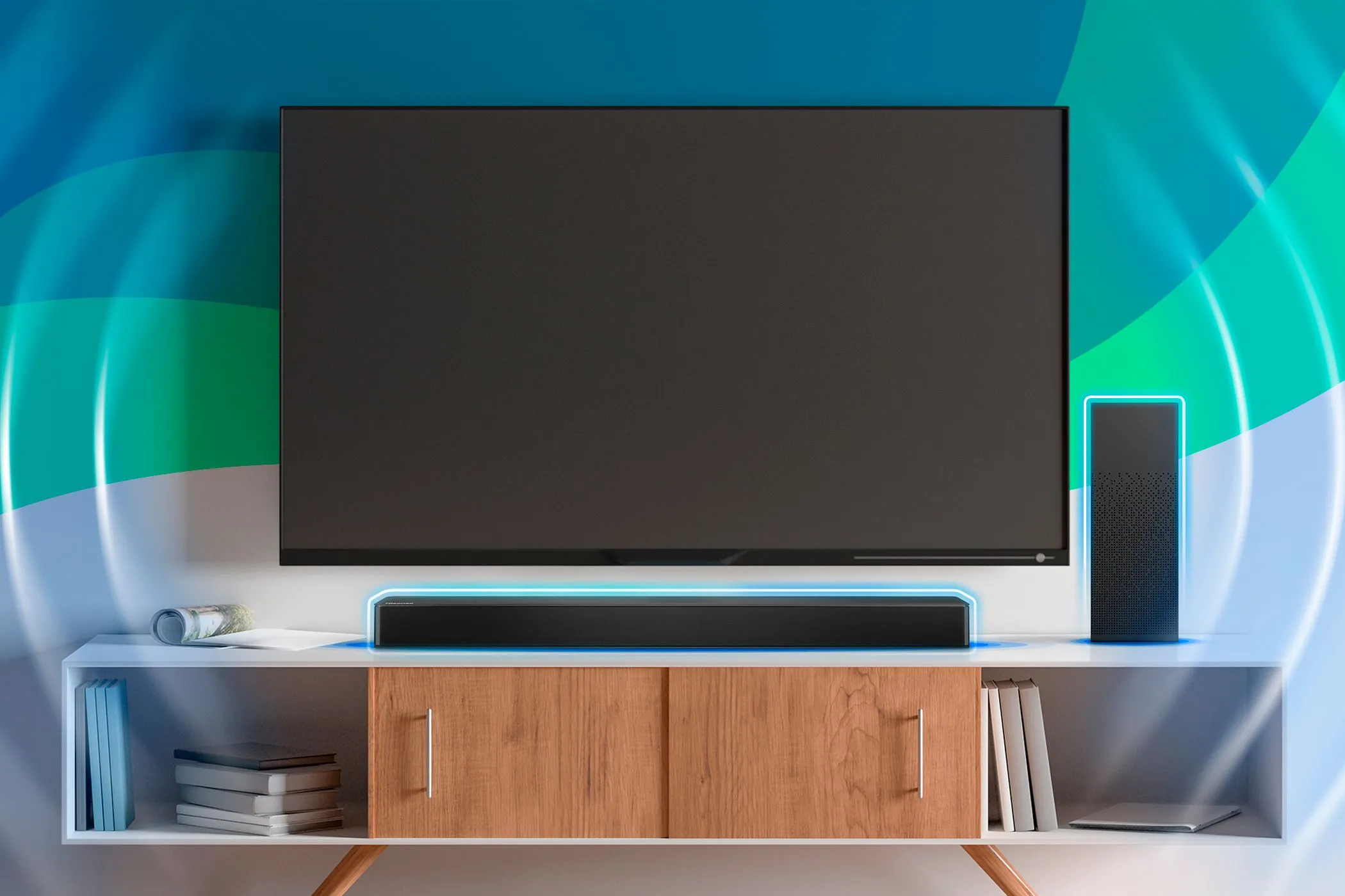 Hệ thống giải trí gia đình với TV treo tường và soundbar