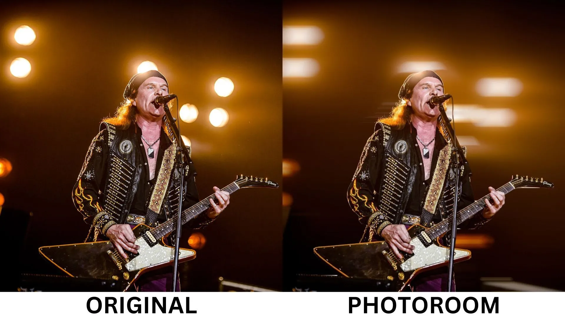Hiệu ứng làm mờ nền bokeh từ Photoroom trên ảnh biểu diễn nhạc rock.