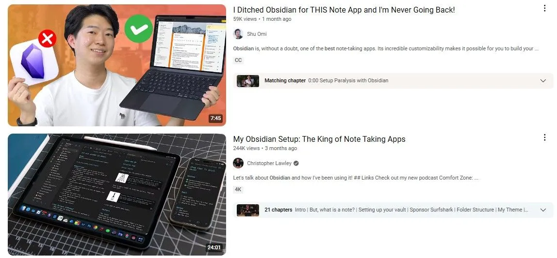 Hình ảnh các video YouTube về Obsidian và quản lý tri thức cá nhân, phản ánh xu hướng từ các influencer năng suất.