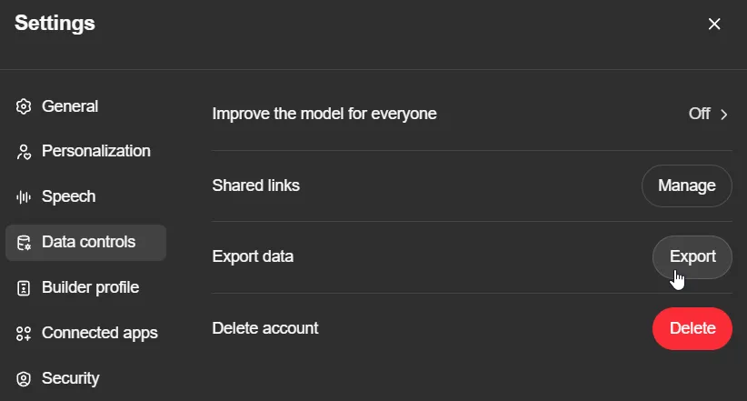 Hình ảnh chụp màn hình giao diện ChatGPT cho thấy vị trí nút &quot;Export data&quot; (Xuất dữ liệu), minh họa cách người dùng có thể tải về lịch sử chat AI trực tiếp từ nền tảng.