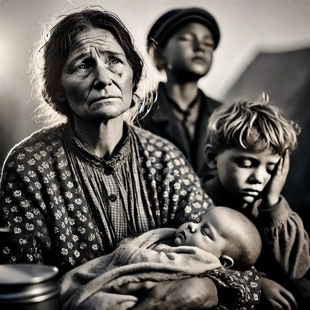 Hình ảnh do AI tạo ra mô phỏng bức ảnh &quot;Migrant Mother&quot; với người phụ nữ và trẻ em