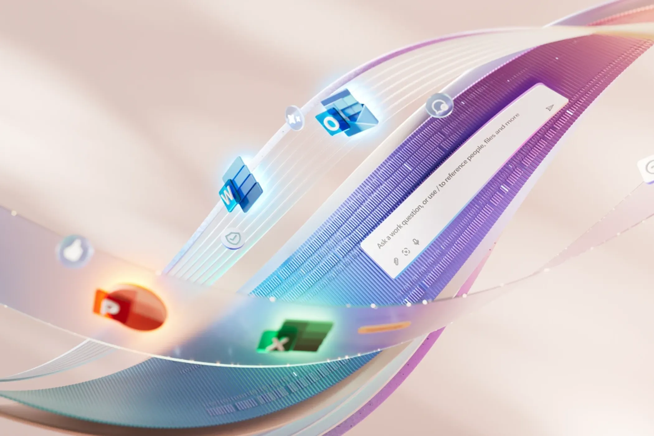 Hình ảnh đồ họa các ứng dụng Microsoft 365 nổi bật trong không gian mạng cùng cửa sổ hội thoại Copilot AI, tượng trưng cho các tính năng cao cấp