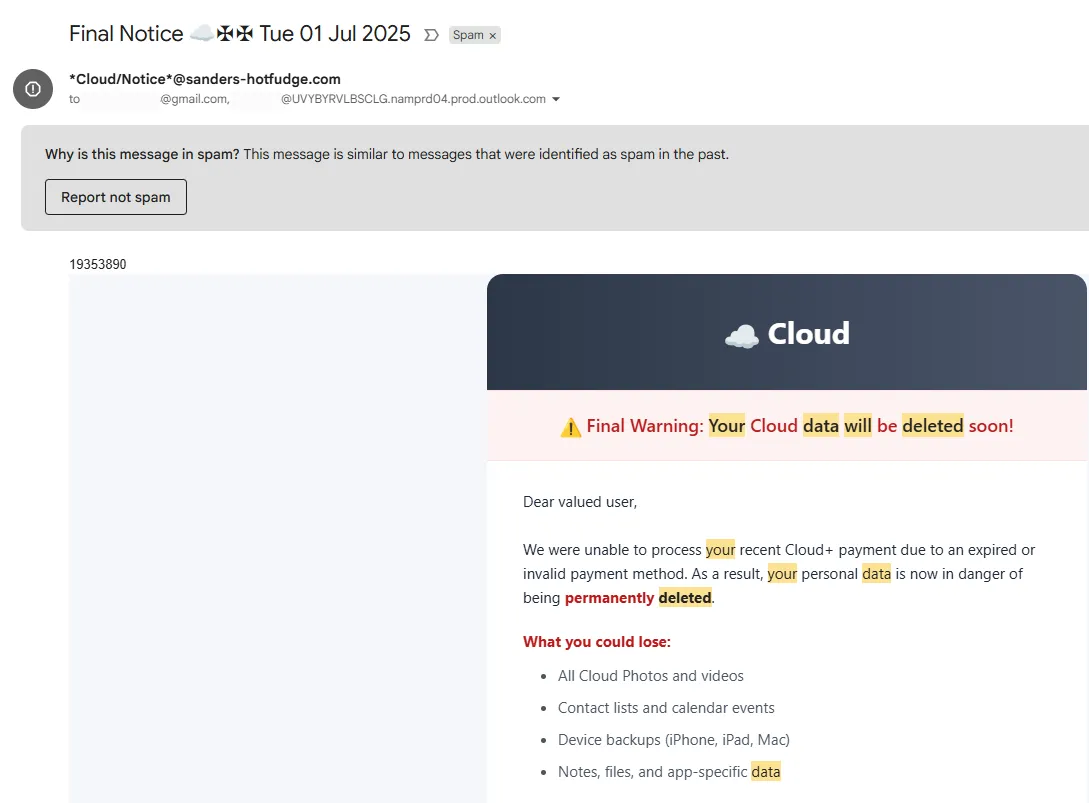 Hình ảnh email lừa đảo lưu trữ đám mây với địa chỉ người gửi và tên miền bất thường