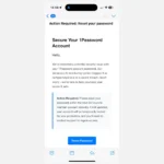 Hình ảnh email lừa đảo (phishing) giả mạo yêu cầu người dùng đặt lại mật khẩu chính 1Password