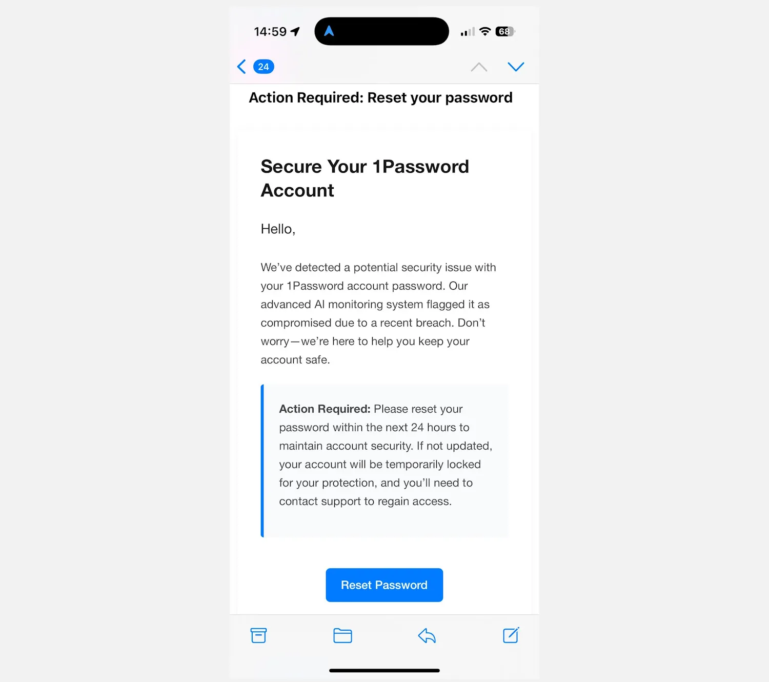 Hình ảnh email lừa đảo (phishing) giả mạo yêu cầu người dùng đặt lại mật khẩu chính 1Password