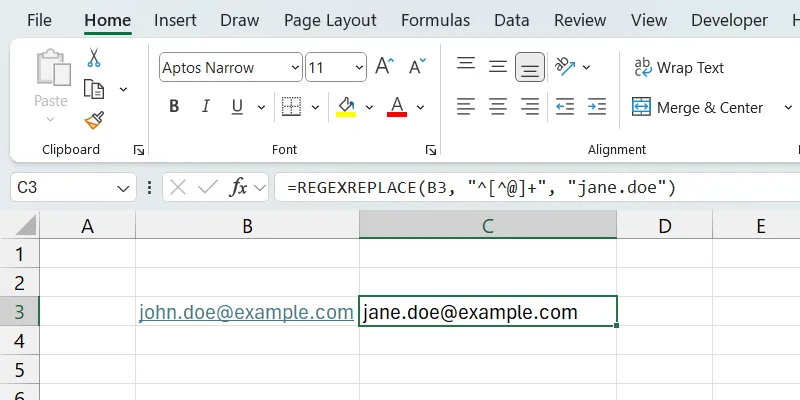 Hình ảnh Excel cho thấy kết quả của hàm REGEXREPLACE khi thay thế phần tên người dùng trong email.