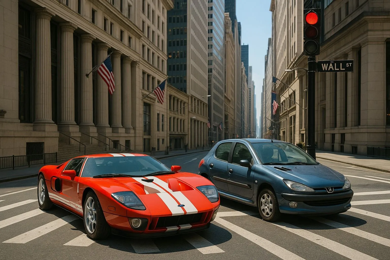 Hình ảnh Ford GT 2006 và Peugeot 206 dừng đèn đỏ tại Phố Wall, New York, được ChatGPT 4o tạo với độ chi tiết cao và chân thực