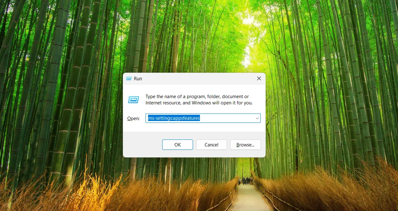Hình ảnh hộp thoại Run trên Windows 11 với lệnh ms-settings:appsfeatures để truy cập ứng dụng đã cài đặt