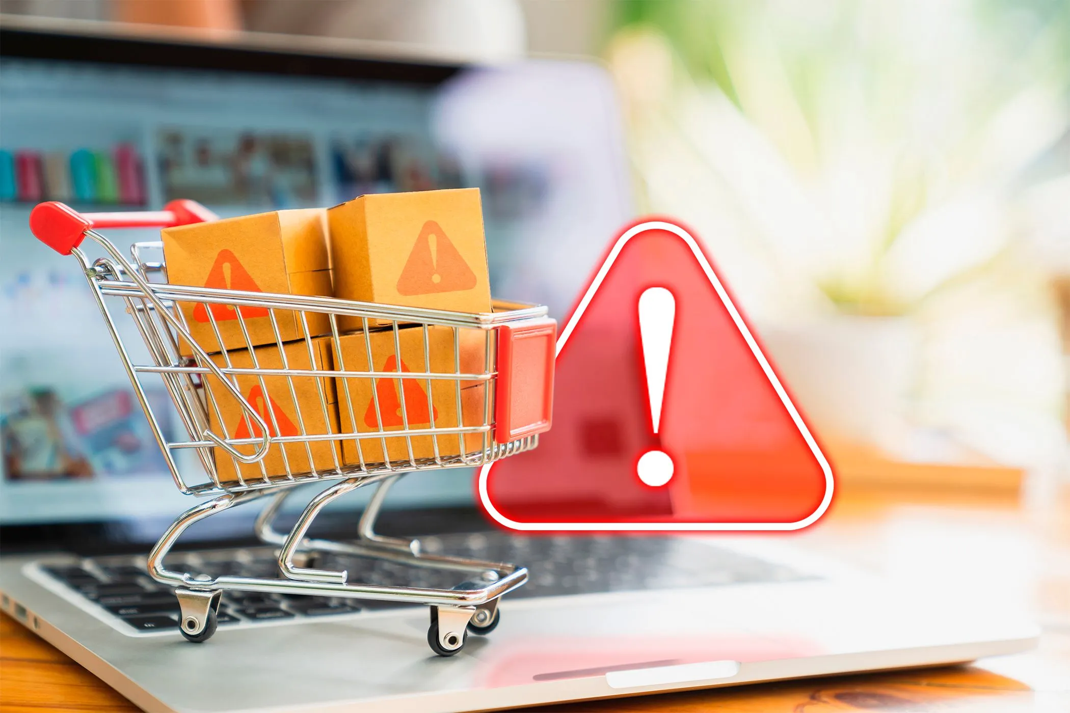 Hình ảnh laptop hiển thị giỏ hàng và biển báo cảnh báo, minh họa rủi ro khi mua sắm trực tuyến và quyền riêng tư