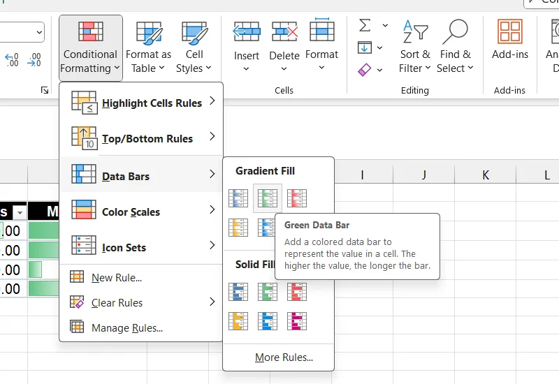 Hình ảnh minh họa cách chọn Data Bars trong Định dạng có điều kiện Excel để thêm thanh dữ liệu vào bảng tính.