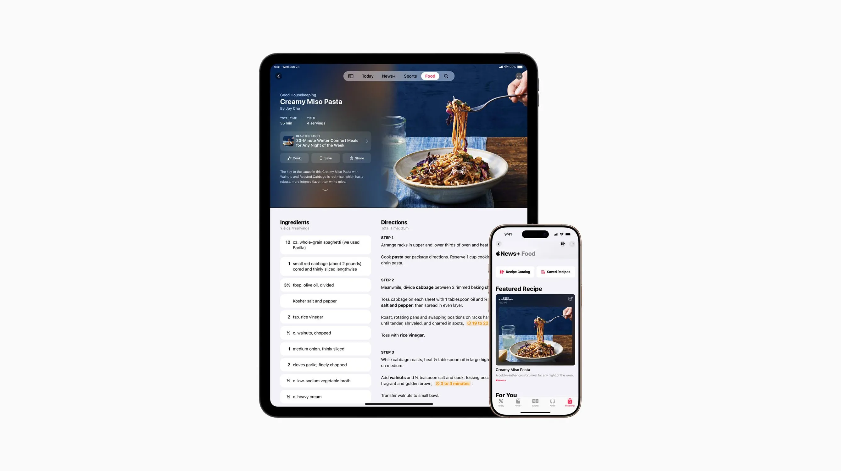 Hình ảnh minh họa dịch vụ Apple News+ Food hiển thị trên các thiết bị Apple như iPhone, iPad và Mac