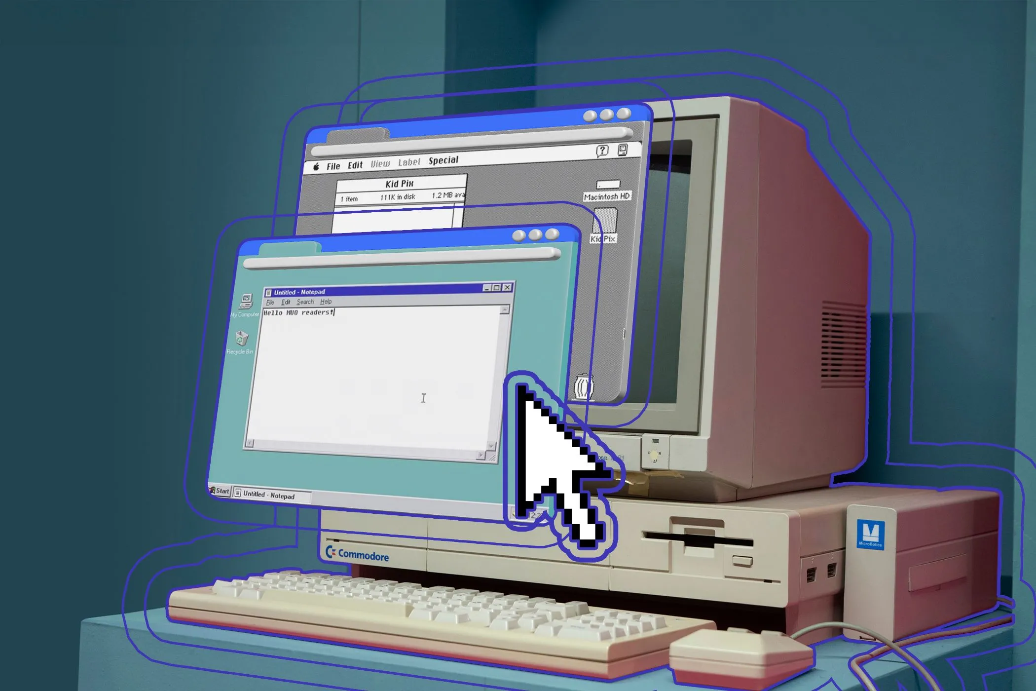 Hình ảnh minh họa máy tính cũ chạy hai trình duyệt web trên hệ điều hành cổ điển, tượng trưng cho sự phát triển của trình duyệt Windows.