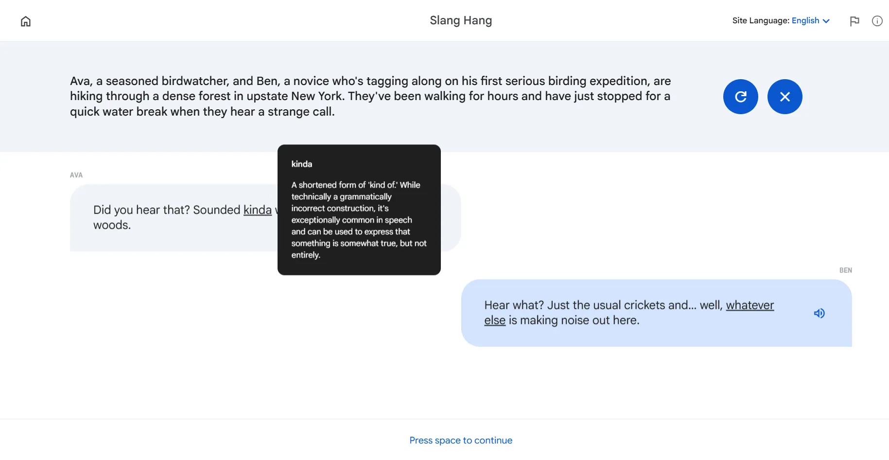 Hình ảnh minh họa Slang Hang trong Little Language Lessons, giúp người dùng học tiếng lóng qua các đoạn hội thoại thực tế