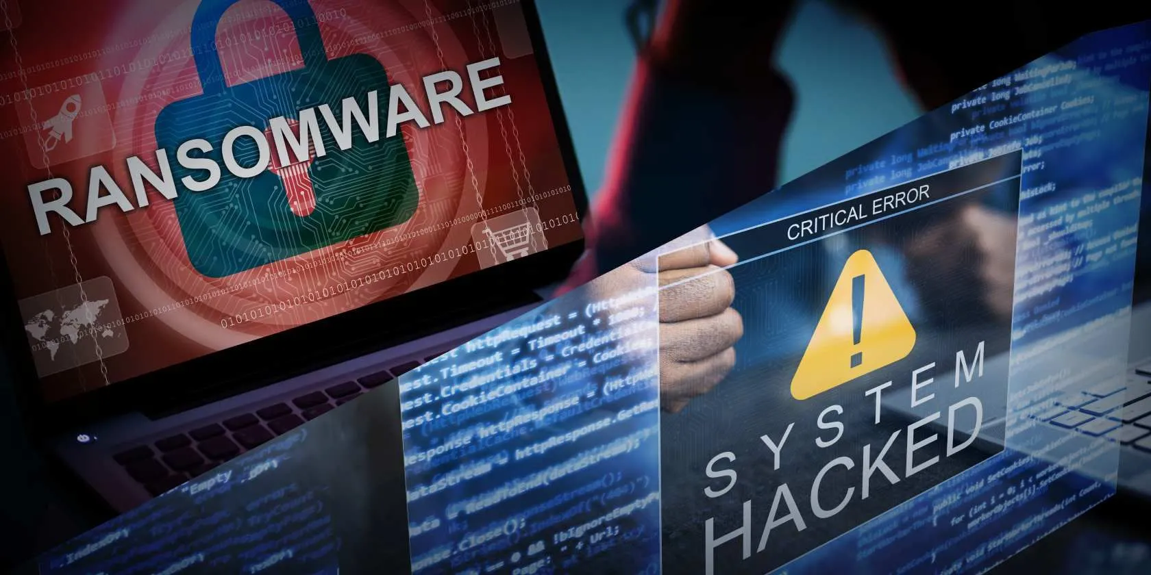 Hình ảnh minh họa so sánh tấn công mạng và ransomware, thể hiện rủi ro cao về mã độc tống tiền và vi phạm dữ liệu trên dark web.