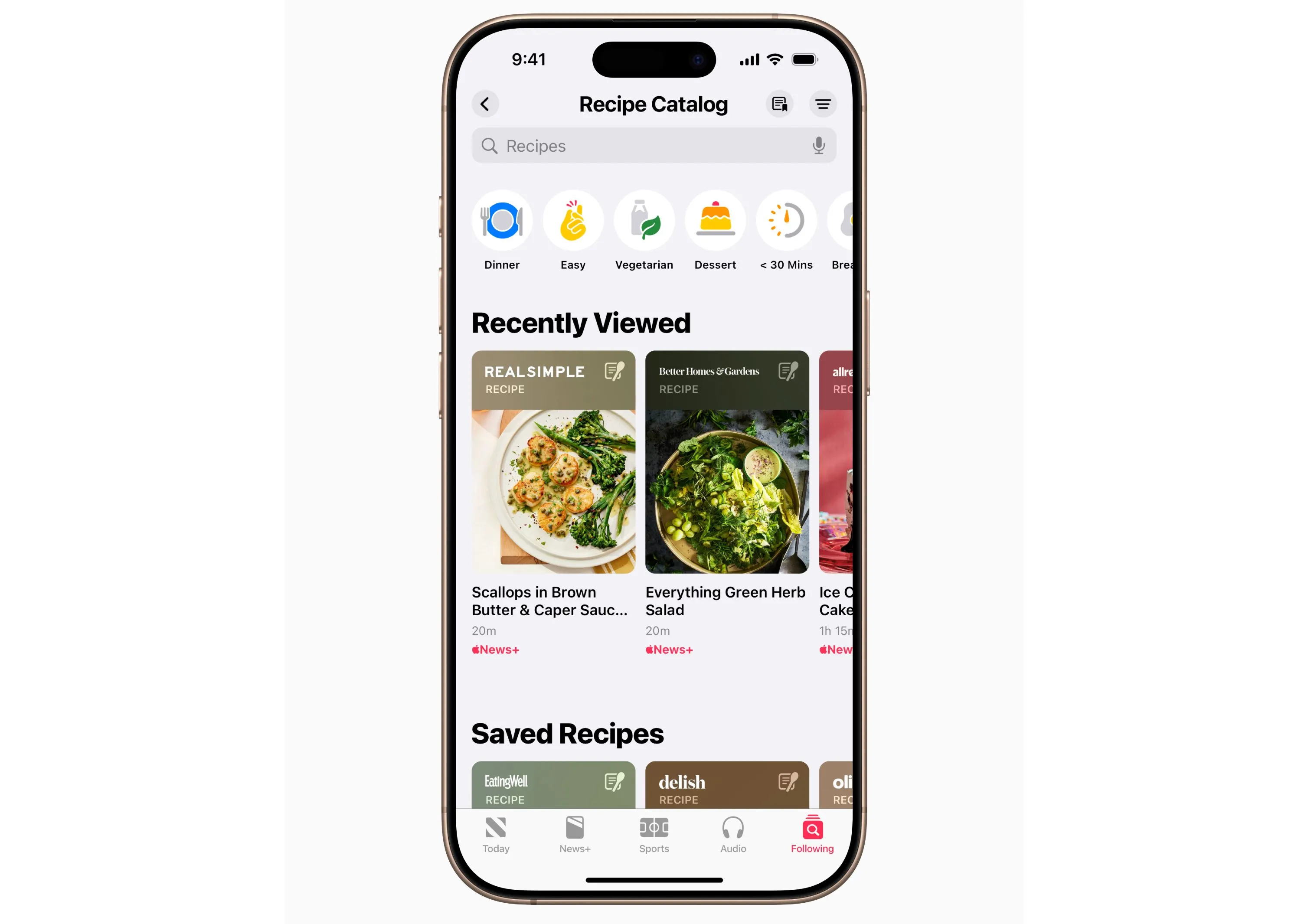 Hình ảnh minh họa Thư mục Công thức (Recipe Catalog) của Apple News+ Food trên thiết bị Apple.