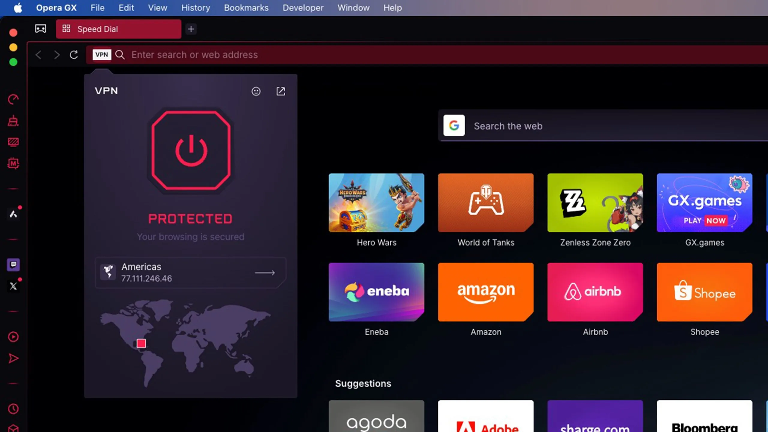 Hình ảnh minh họa tính năng VPN tích hợp trên trình duyệt Opera GX, giúp ẩn danh và vượt qua bóp băng thông.